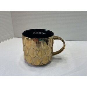 Starbucks Metallic Gold Mermaid Scale Scalloped Ceramic Coffee Mug Black Interio